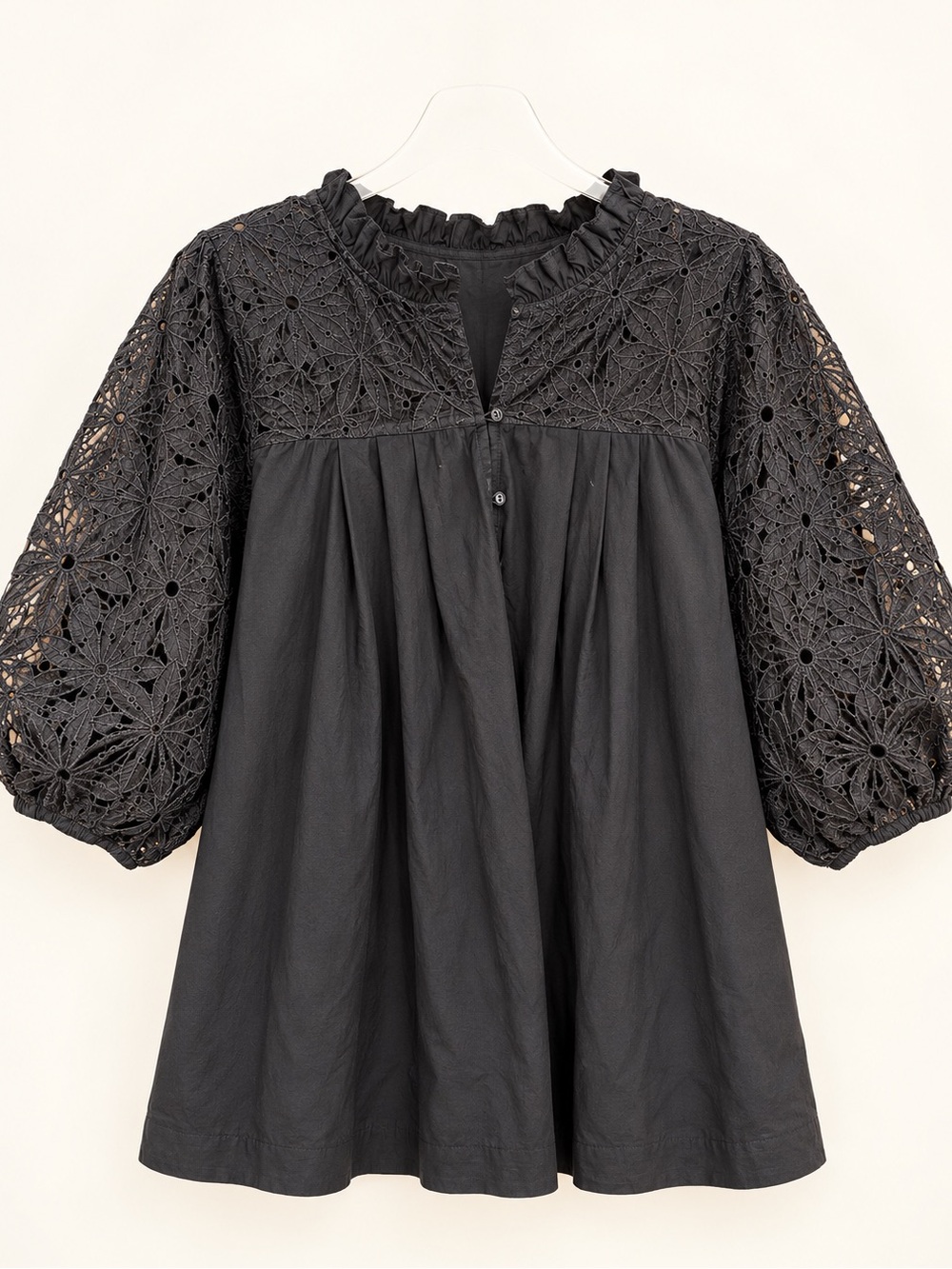 Maeve by Anthropologie Black Floral Eyelet Puff Sleeve Tunic Blouse 2X